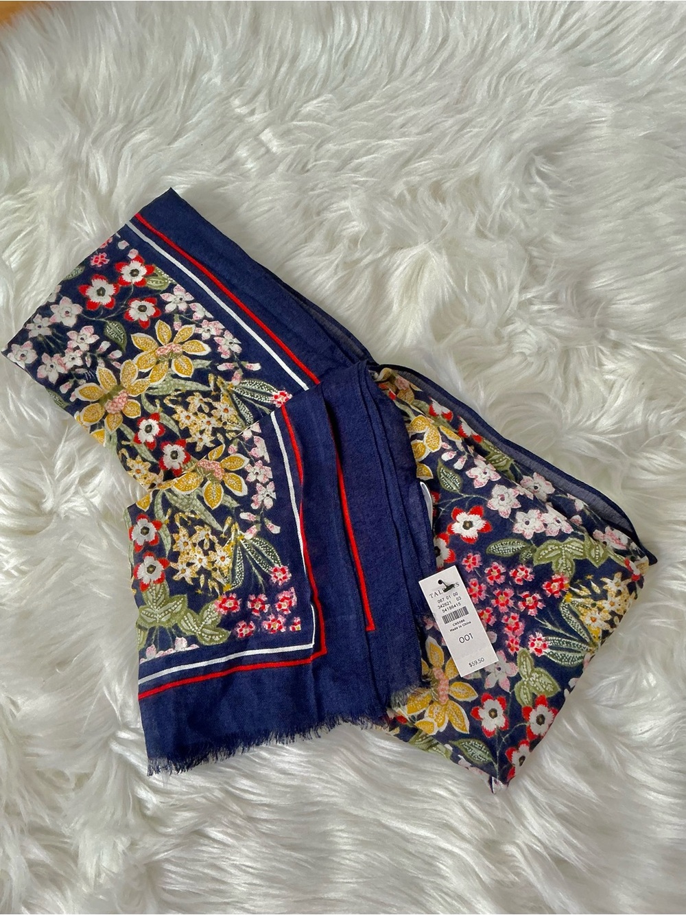 NWT Talbots Navy Floral Silk Blend Scarf with Red and Yellow Blooms